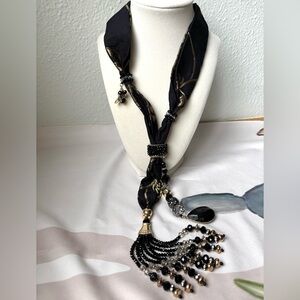 Chico's Black and Gold Beaded Scarf Necklace